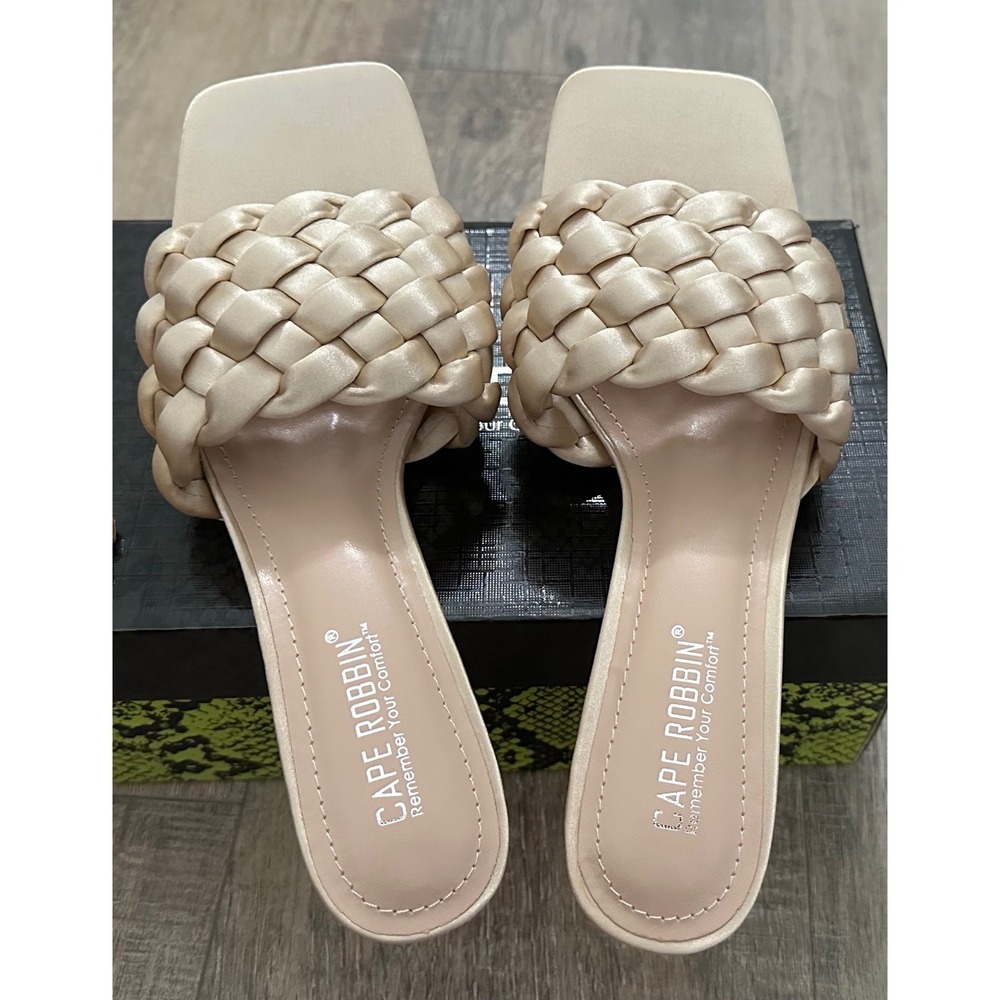 Braided Stiletto Slide Sandals Nude Satin Square Toe Mules Size 9